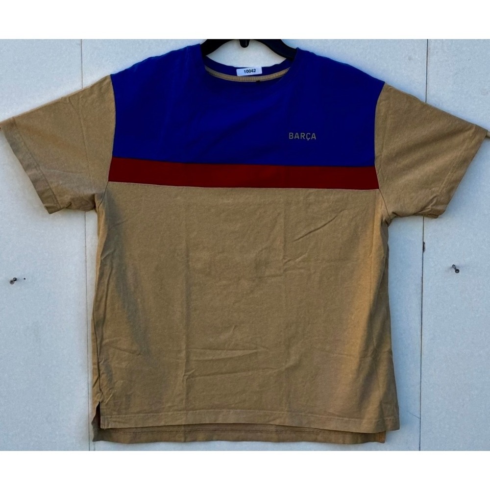 FC Barcelona Barca Mens Colorblock T-Shirt Tan Blue Maroon Soccer Fan Tee Large